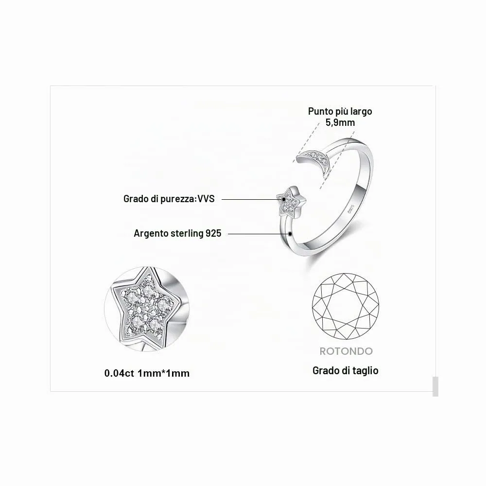 JewelryPalace Luna e Stella anello argento 925 regolabile zirconia
