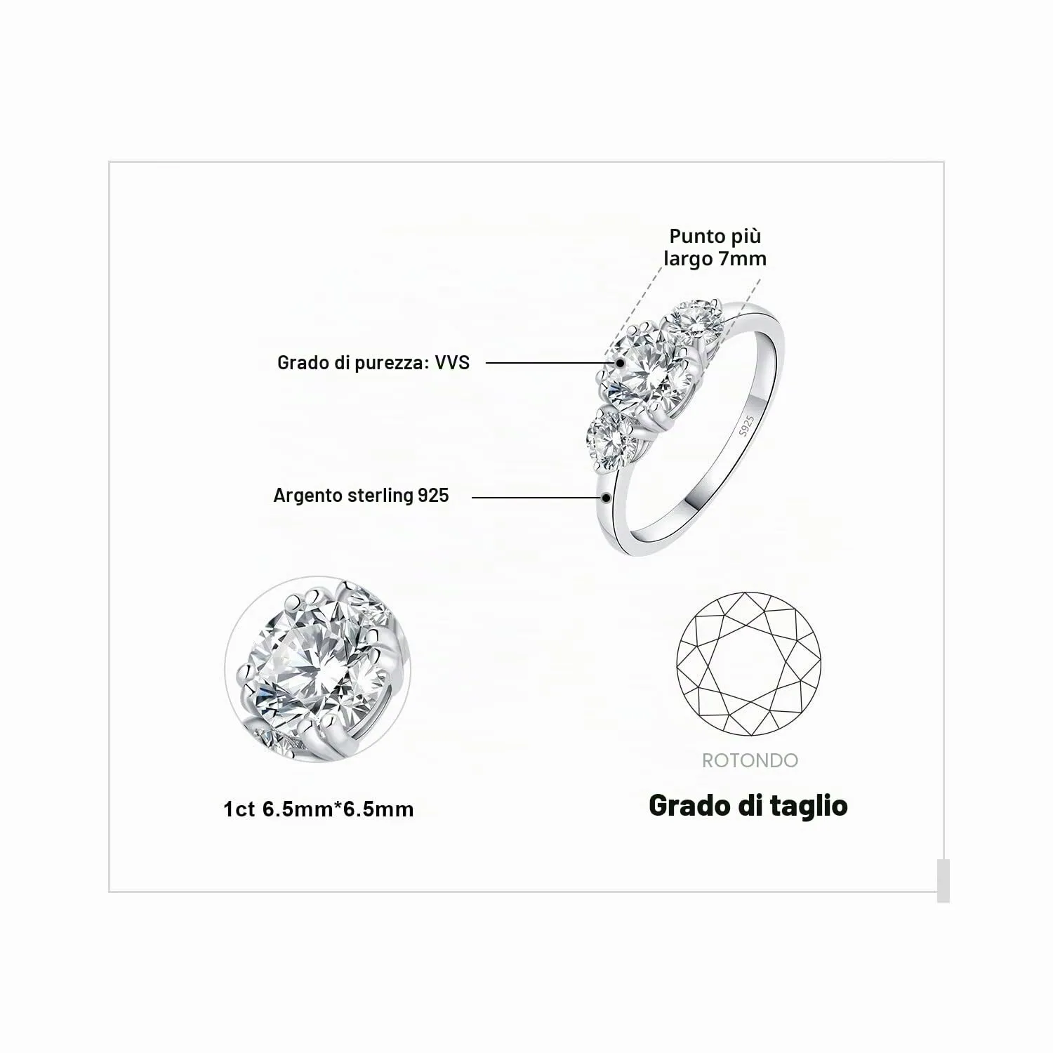 JewelryPalace Classico 1ct Tre Pietre Anello Argento Zirconia Rotonda