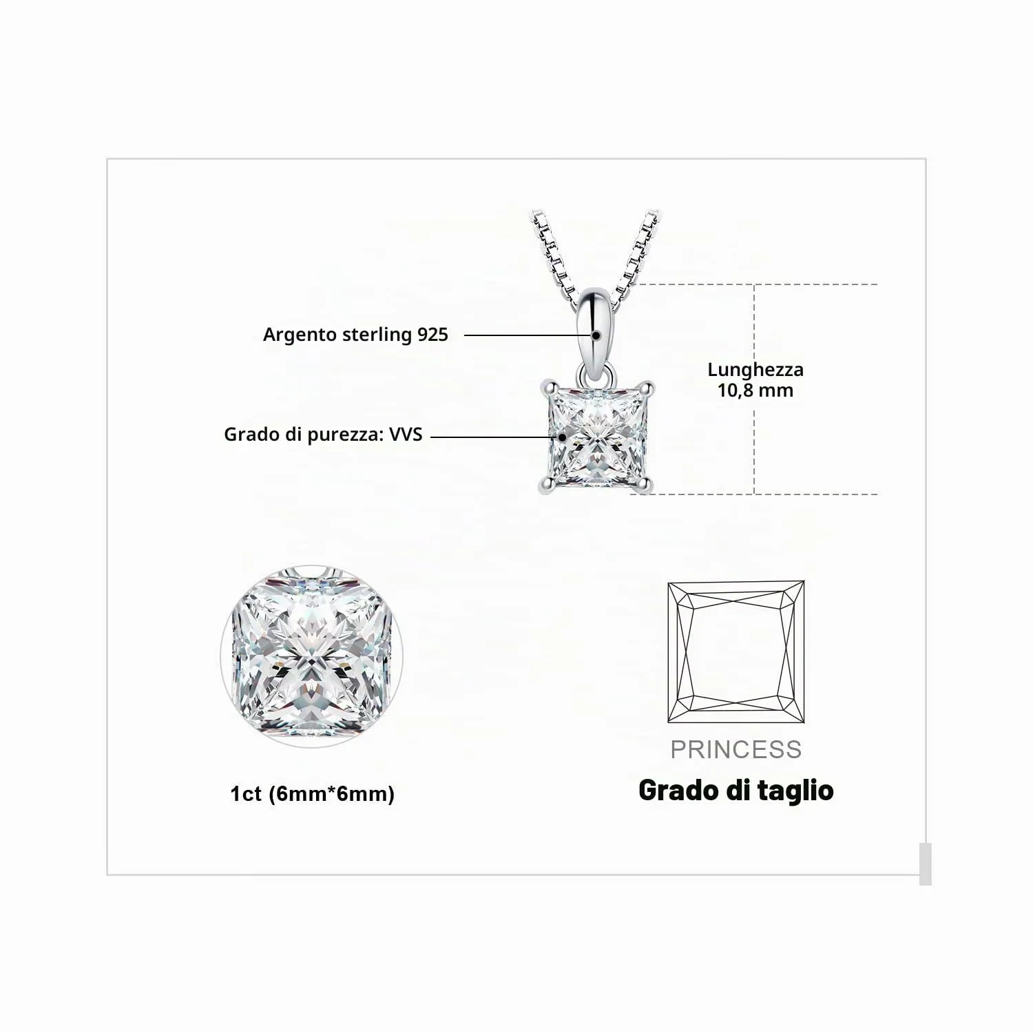 JewelryPalace Solitario collana argento 925 zirconia 45 cm