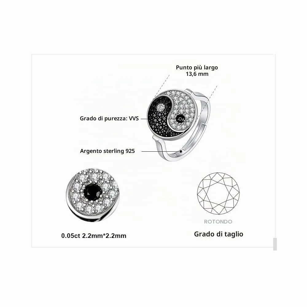 JewelryPalace Yin Yang anello argento spinello nero regolabile