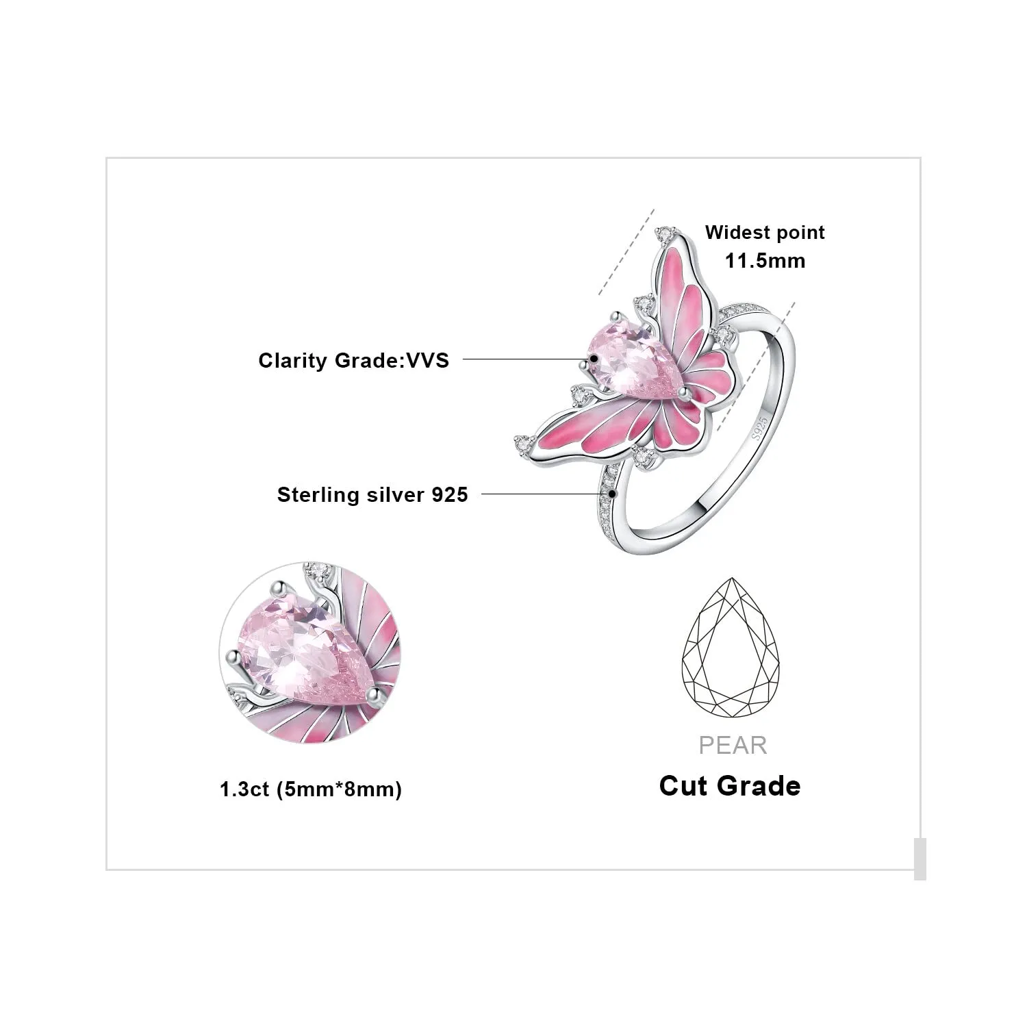 JewelryPalace Farfalla 0.2ct Anello Argento Zirconia Rosa