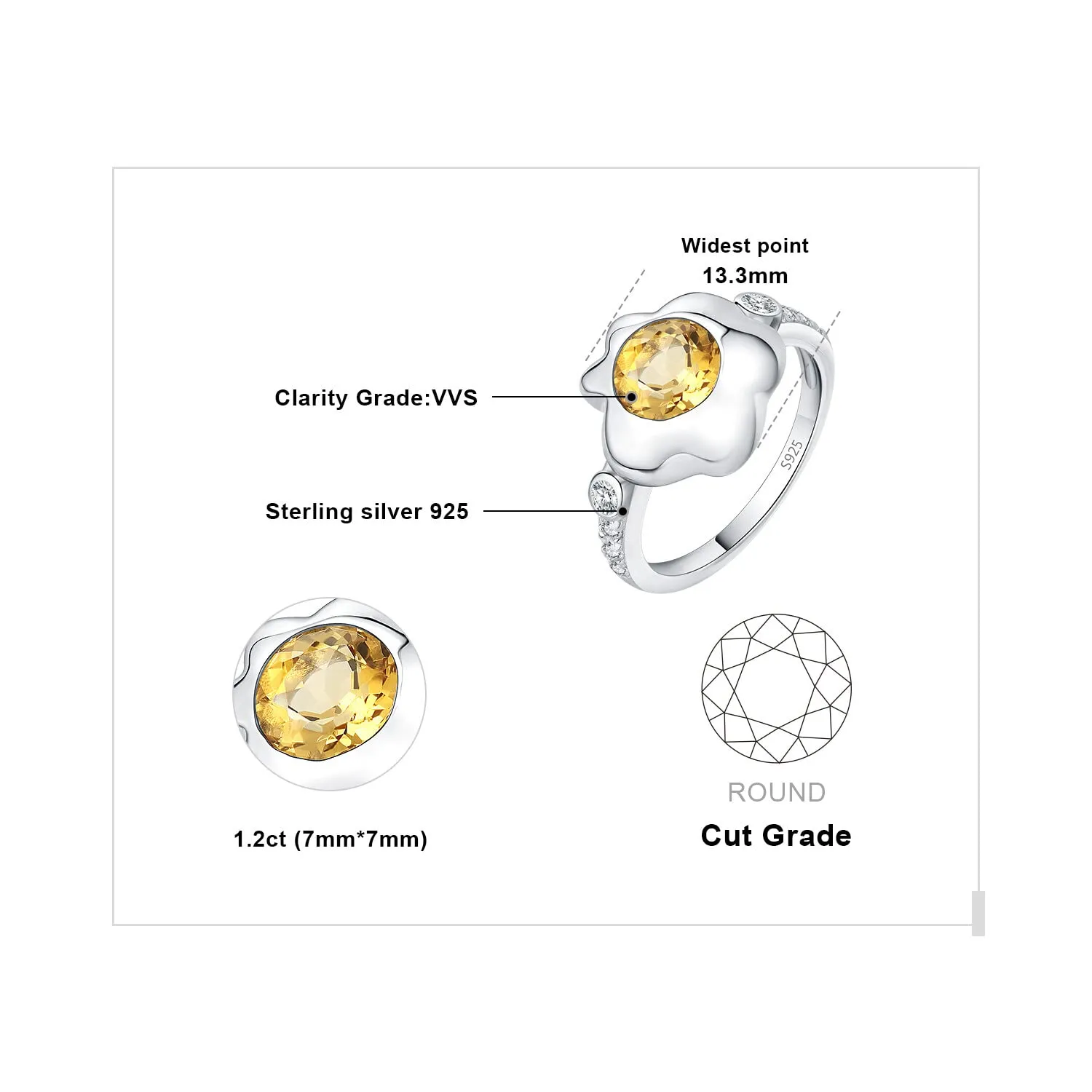 JewelryPalace Citrino 1.8ct anello giallo argento rotondo