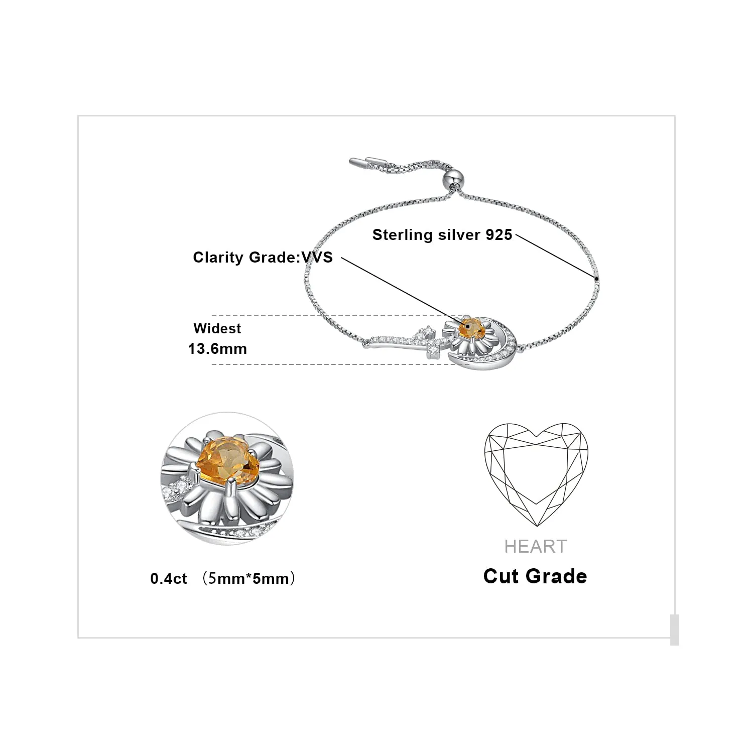 JewelryPalace Girasole bracciale argento 925 citrino cuore