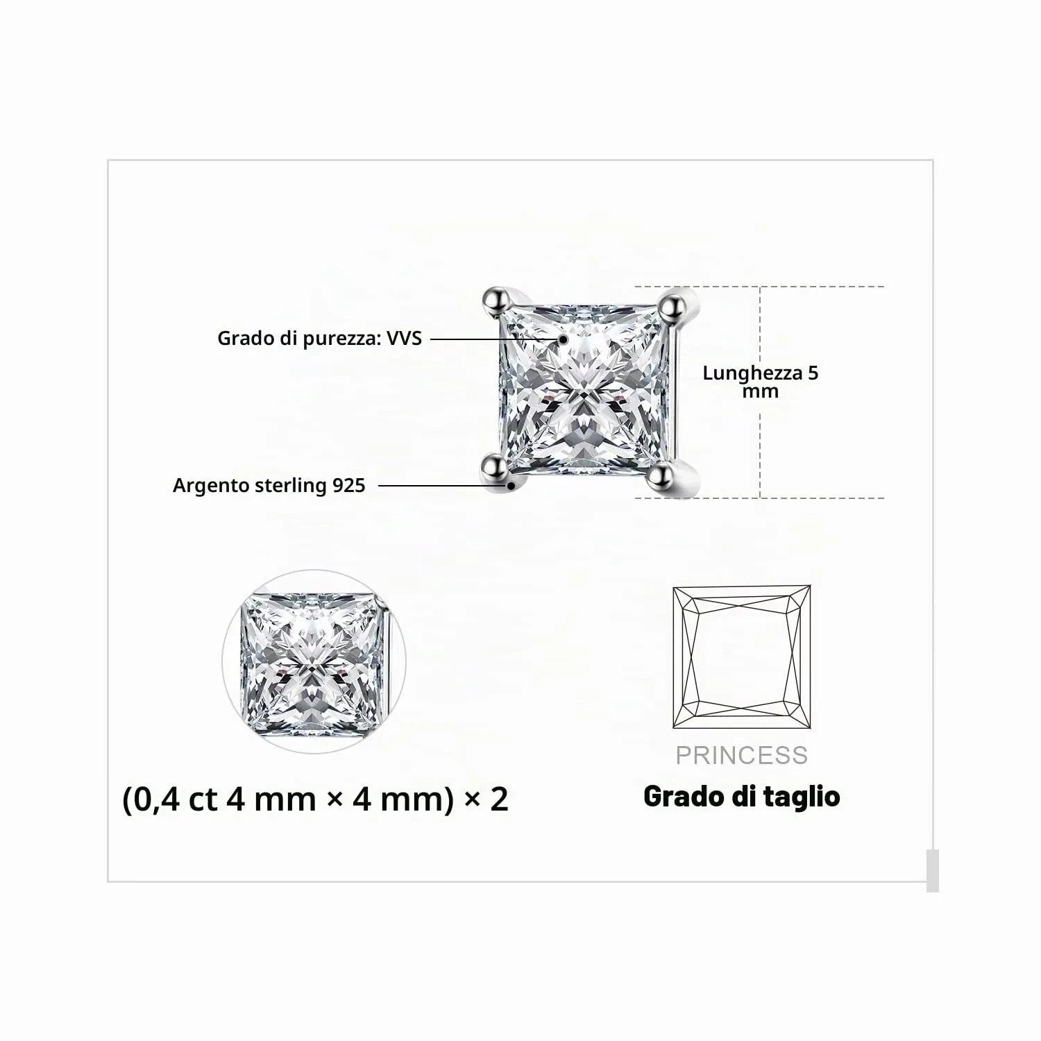 JewelryPalace Moissanite 0.8ct Orecchini Bottone Argento Principessa