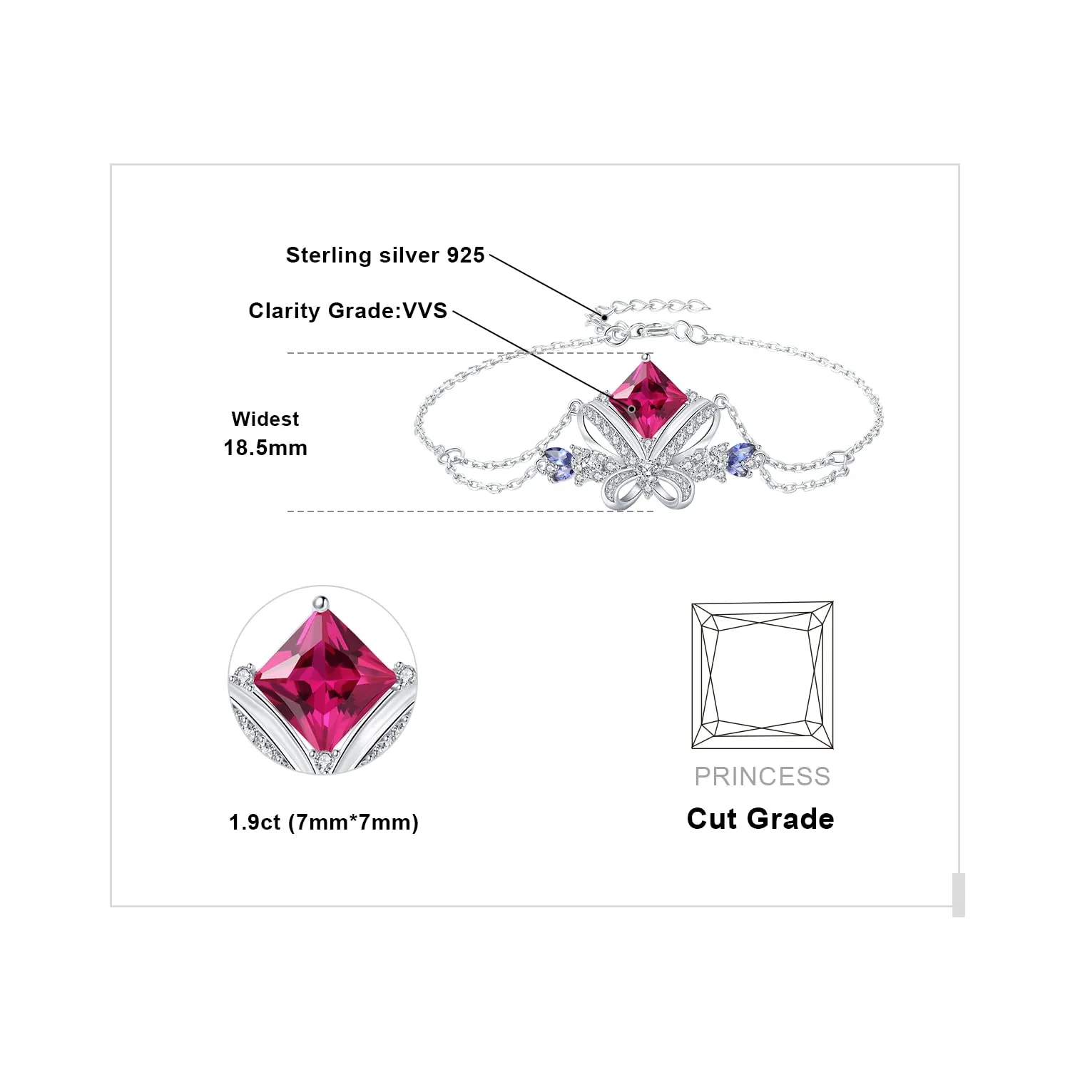JewelryPalace Farfalla 3.1ct Bracciale Argento Zaffiro Rosa