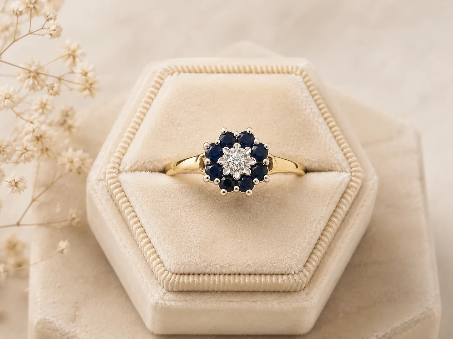 Victoria Jane Midnight Sapphire Bloom anello oro zaffiri
