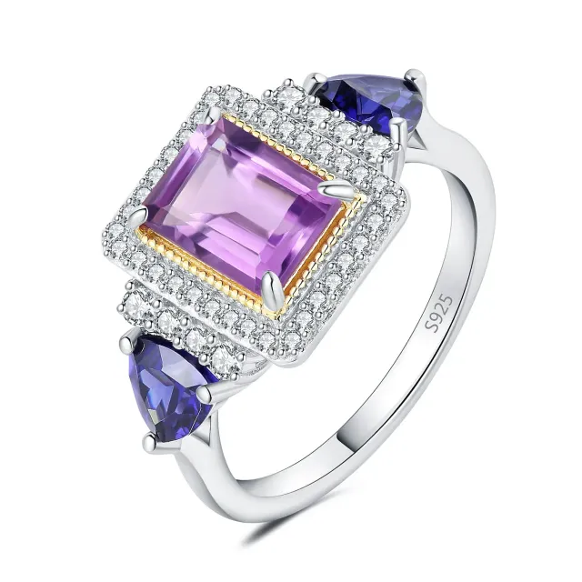 JewelryPalace Halo Anello Argento 925 Ametista Viola Taglio Smeraldo