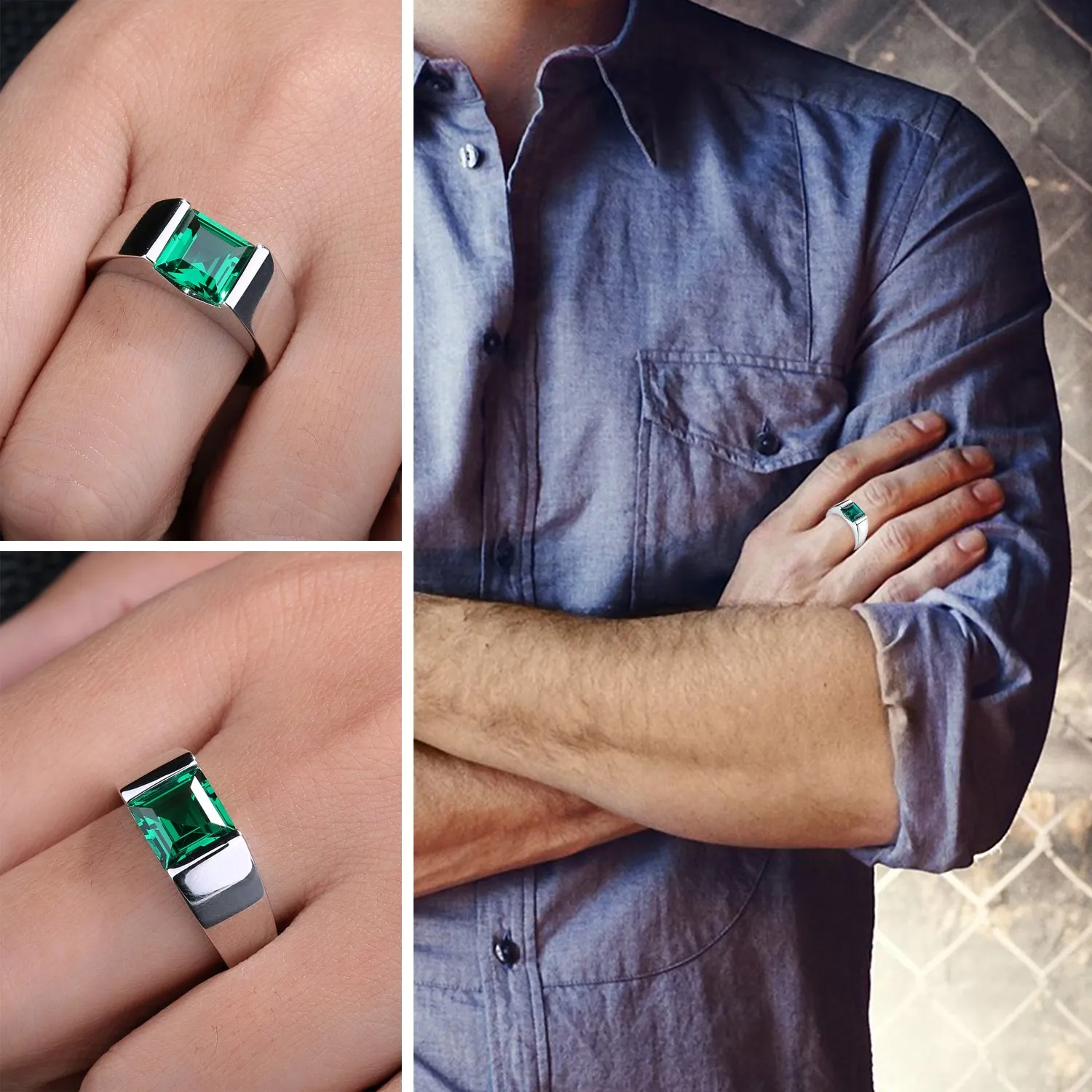 JewelryPalace Anello Uomo Argento 3.3ct Smeraldo Verde Quadrato