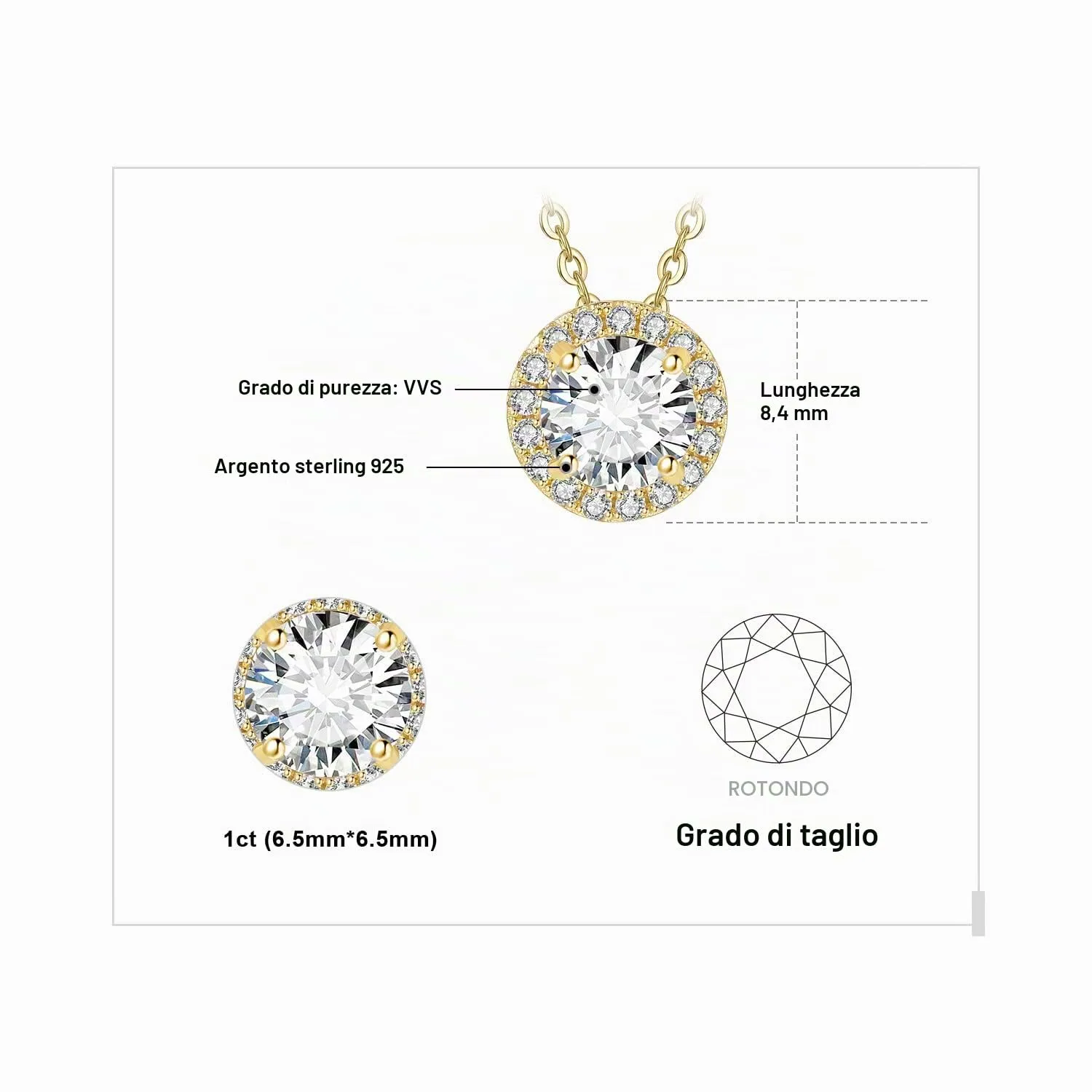JewelryPalace 1ct Halo collana argento moissanite oro