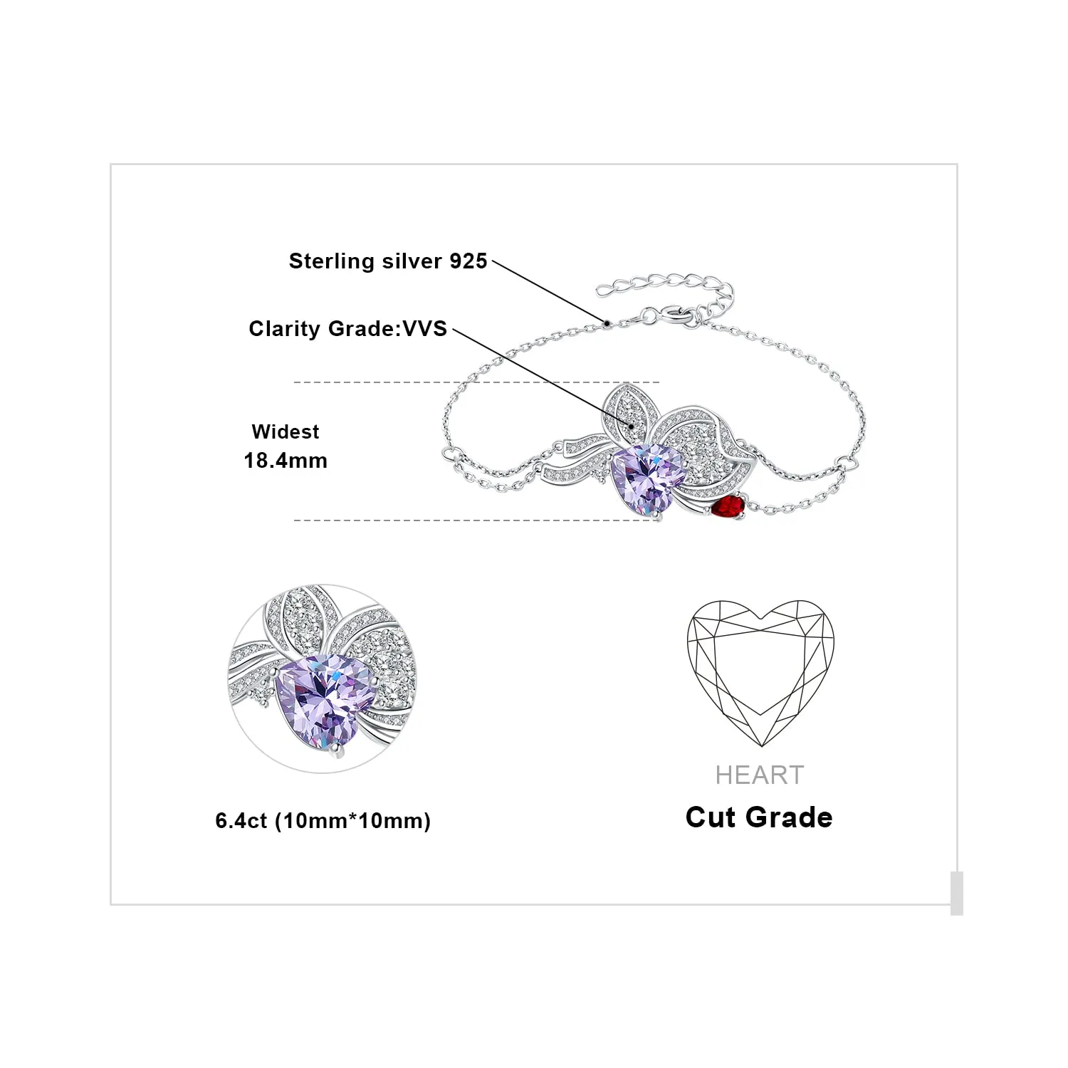 JewelryPalace Farfalla Cuore bracciale argento zirconia viola 8,1ct