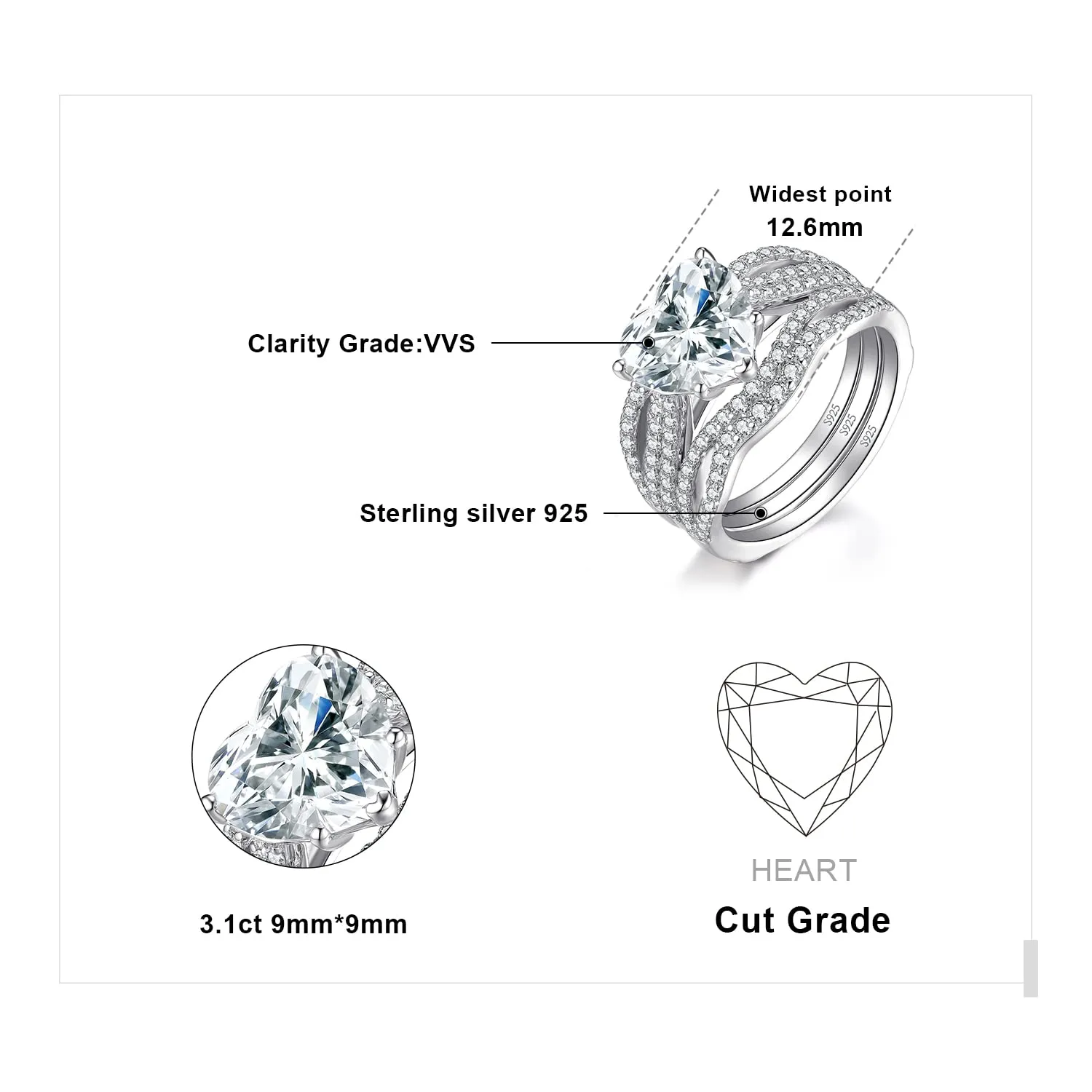 JewelryPalace 3ct Anello Cuore Zirconia Argento 925 Argento