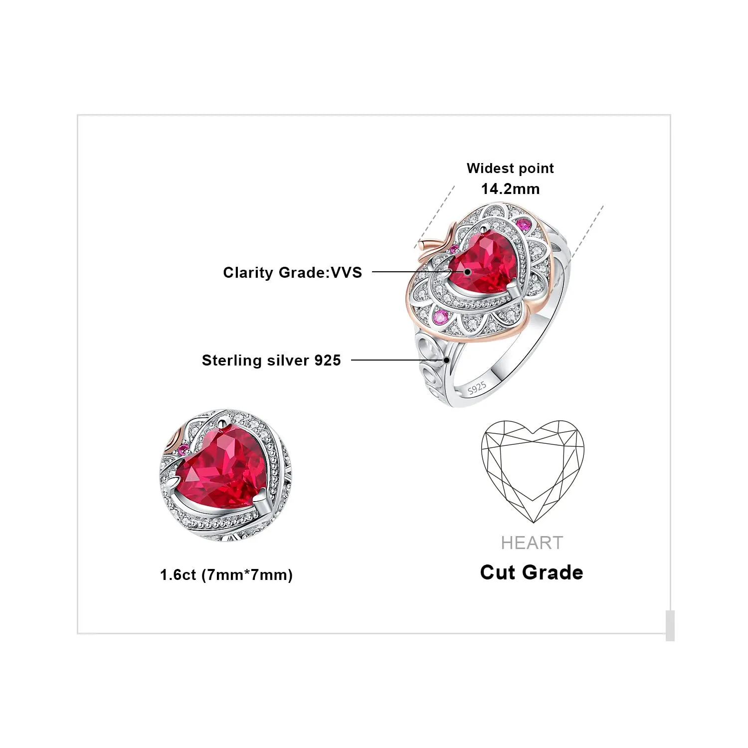 JewelryPalace Mela Anello Cuore Argento 925 Rubino 0.5ct