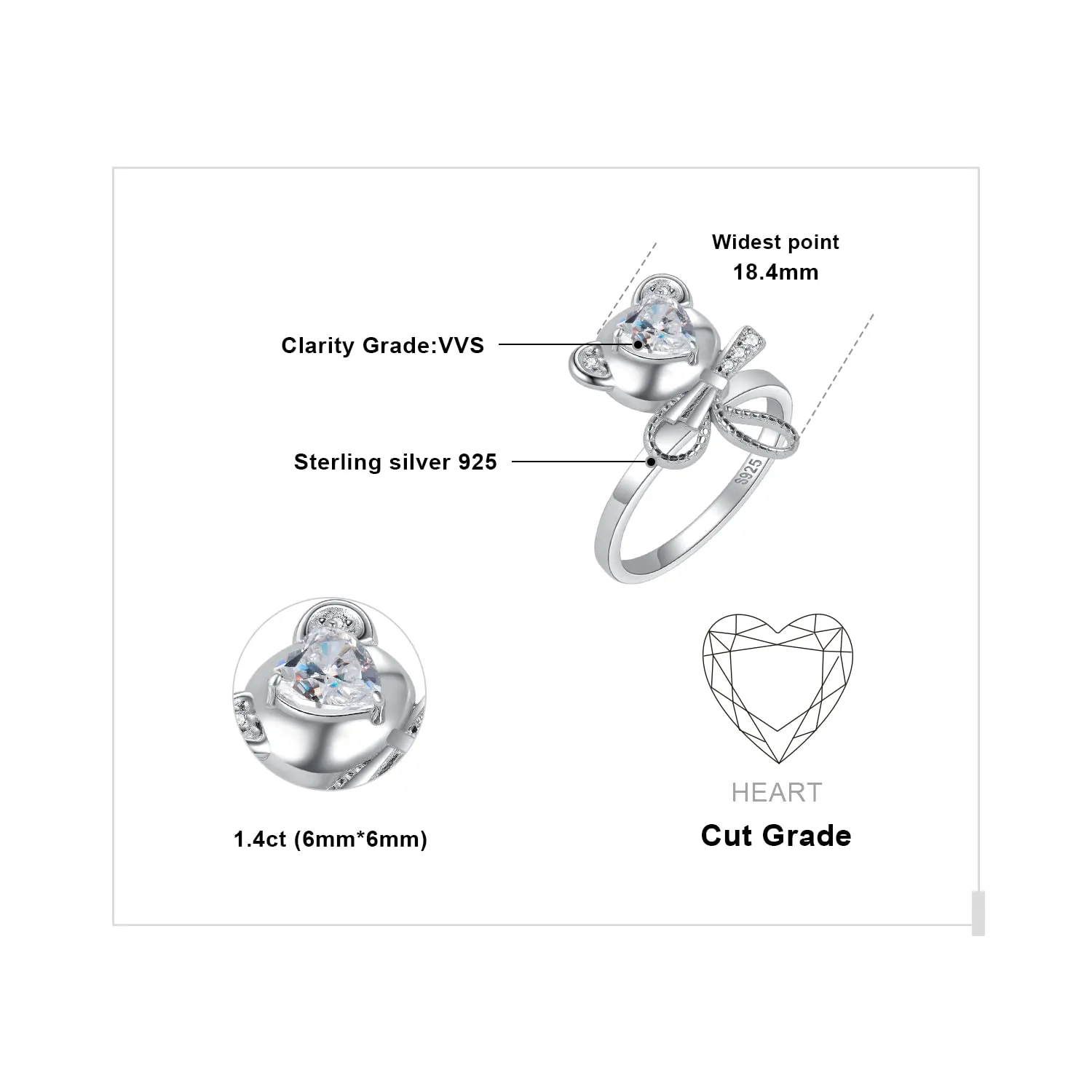 JewelryPalace Orsetto 1.5ct Anello Argento 925 Fiocco