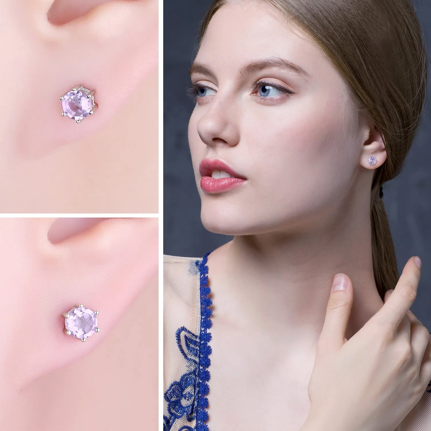 JewelryPalace Orecchini Bottone Argento Ametista Rotonda