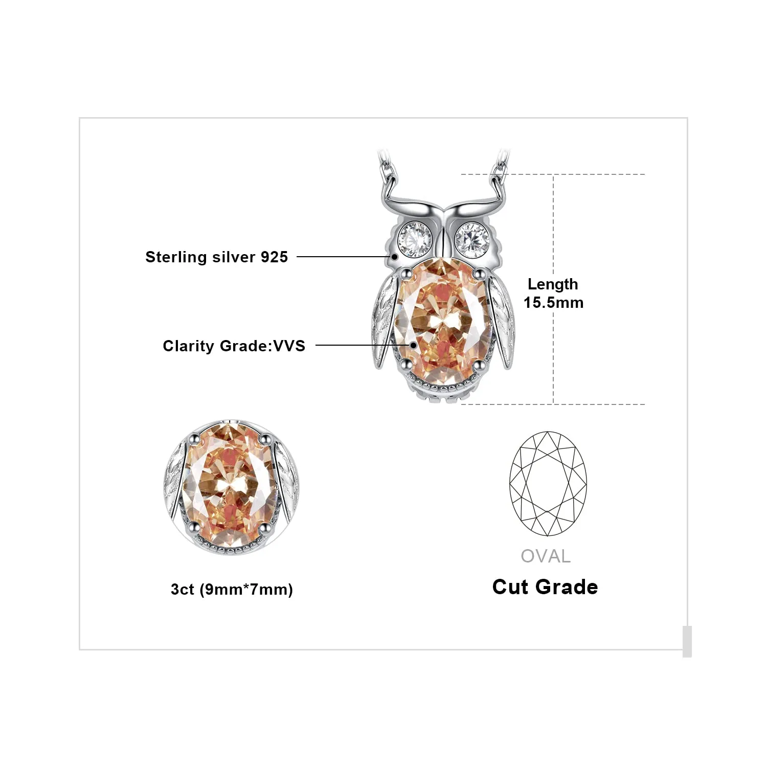 JewelryPalace 3.3ct Gufo collana argento 925 catena 45cm