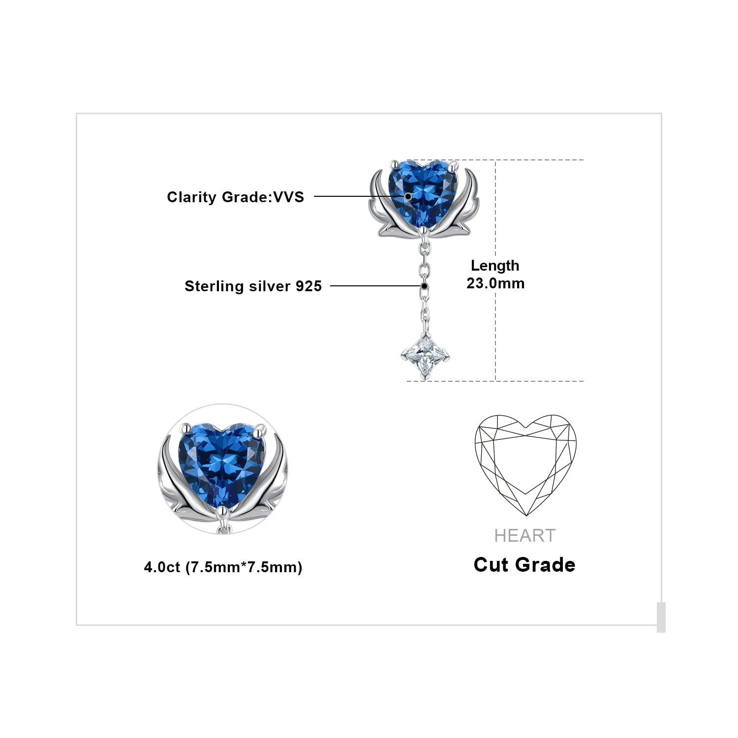 JewelryPalace Cuore orecchini pendenti blu taglio quadrato