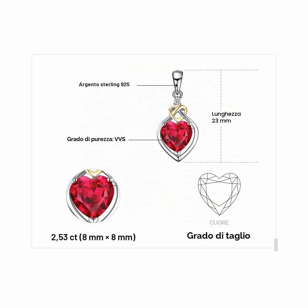 JewelryPalace 2.5ct Rubino Cuore Collana Argento 45cm