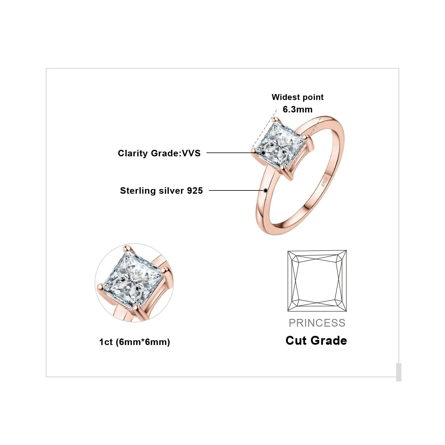 JewelryPalace Solitario 1ct Anello Argento Taglio Principessa