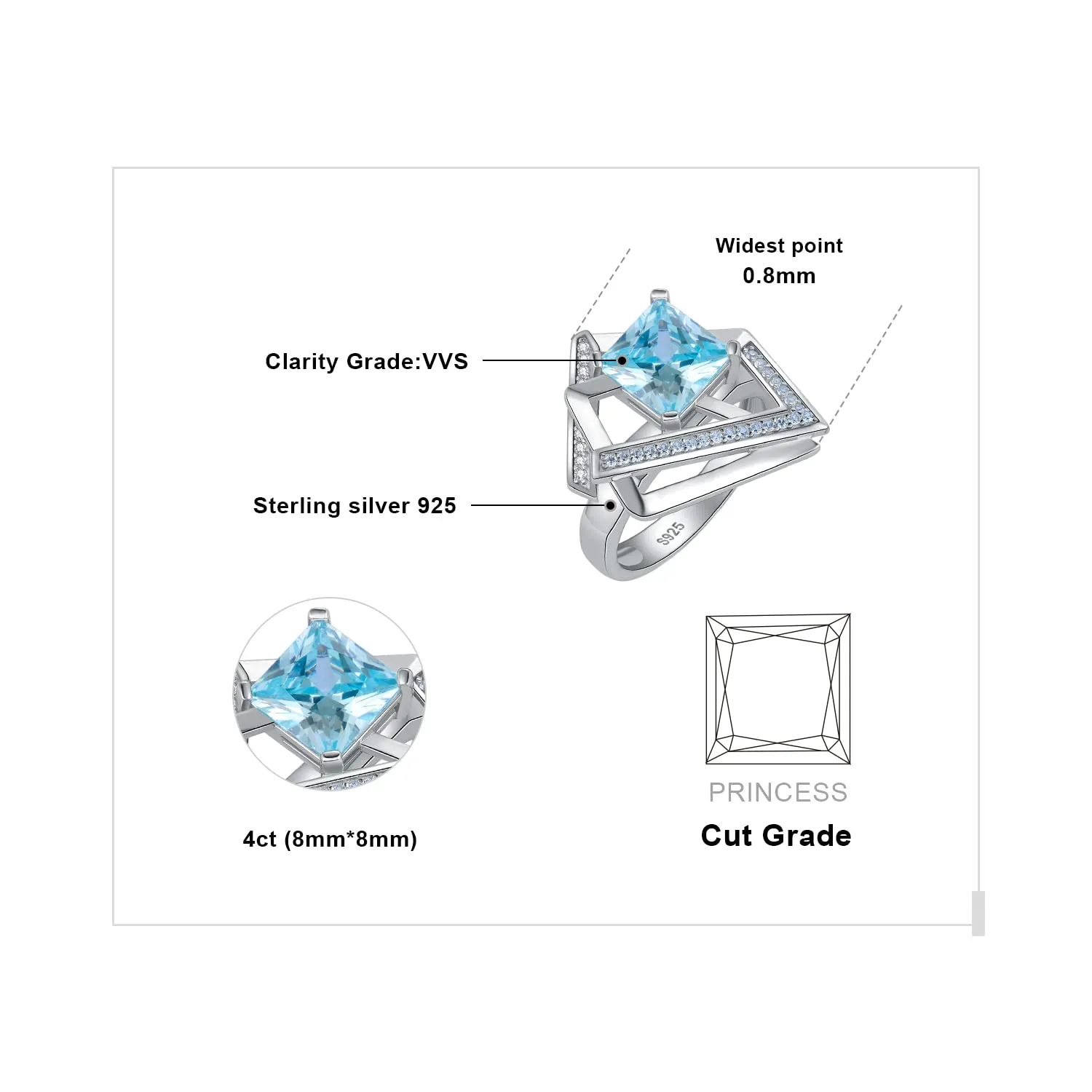 JewelryPalace Art Deco anello geometrico zirconia azzurra 4.3ct argento