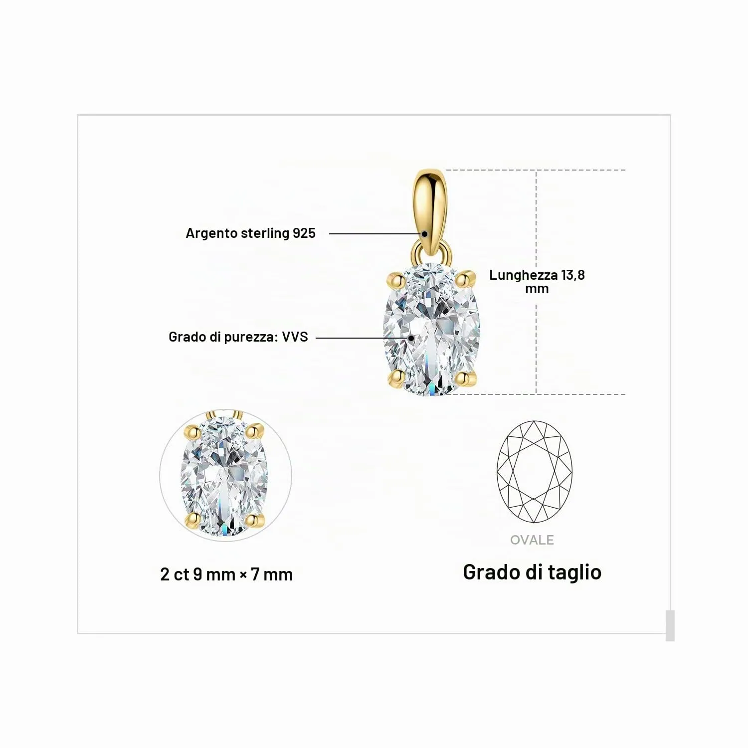 JewelryPalace 2ct Moissanite Collana Oro 45cm Pietra Ovale