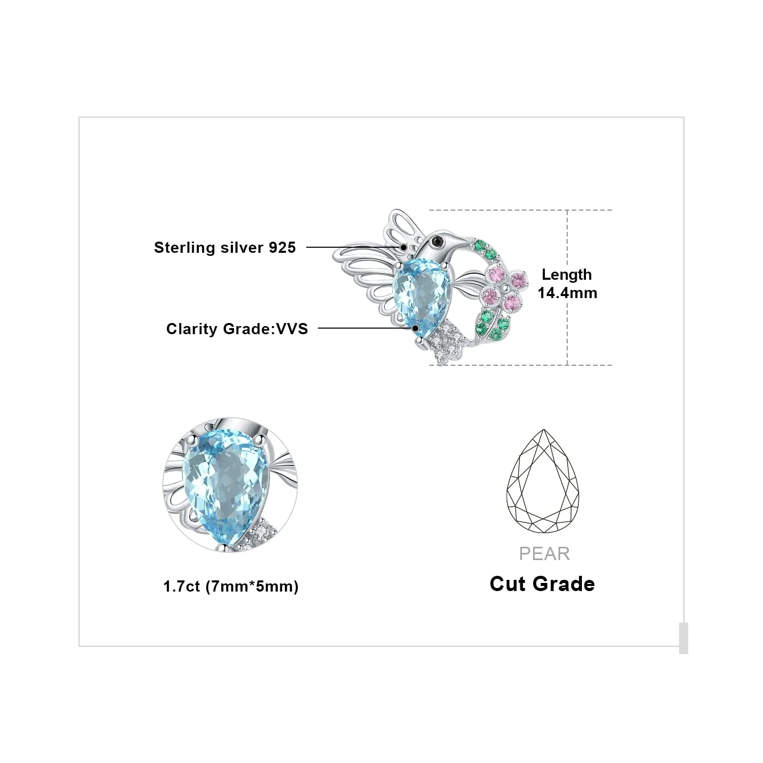 JewelryPalace Colibrì 1.9ct orecchini argento topazio azzurro