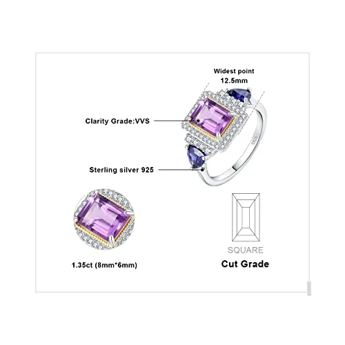 JewelryPalace Halo Anello Argento 925 Ametista Viola Taglio Smeraldo