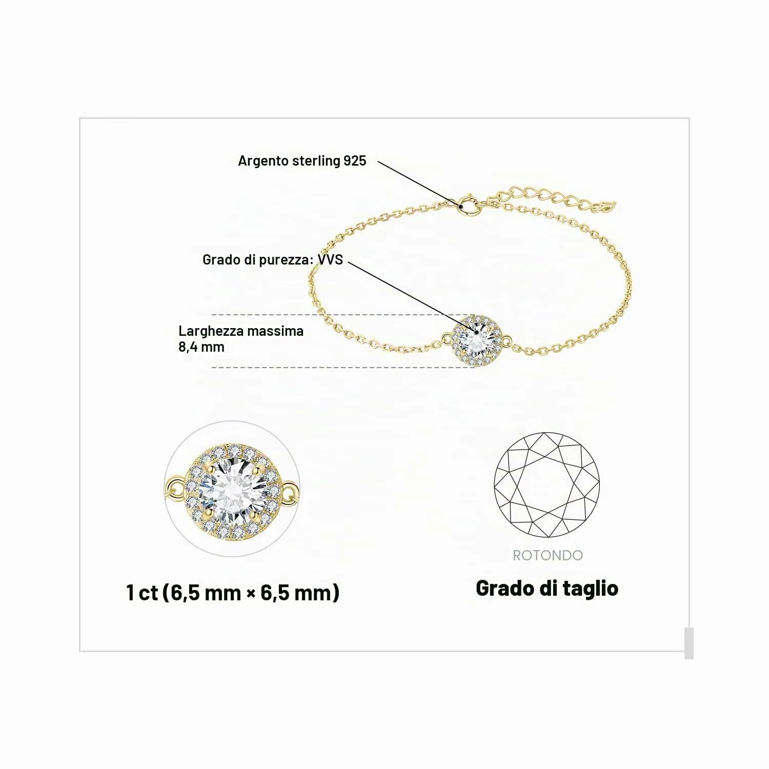JewelryPalace bracciale halo zirconia oro giallo 1ct argento