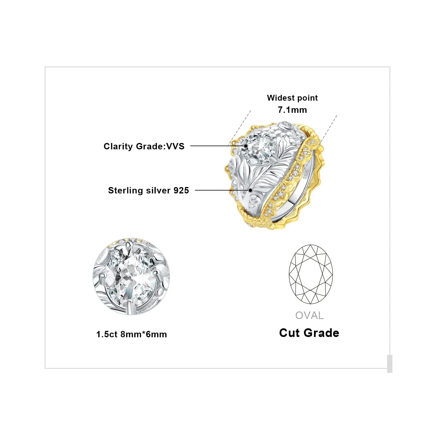 JewelryPalace Anello Donna Argento 1.55ct Foglia Ovale Bicolore