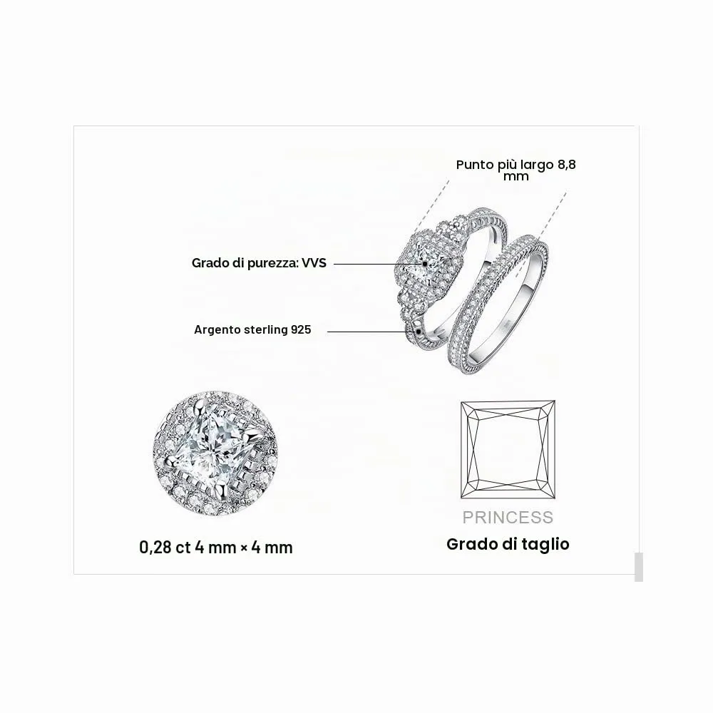 JewelryPalace Halo 1ct taglio principessa anello argento