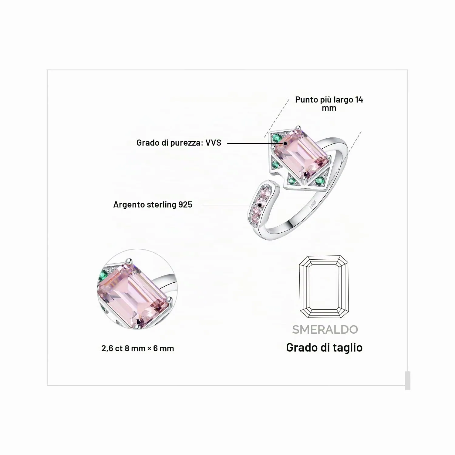 JewelryPalace Art Deco anello argento zirconia rosa regolabile