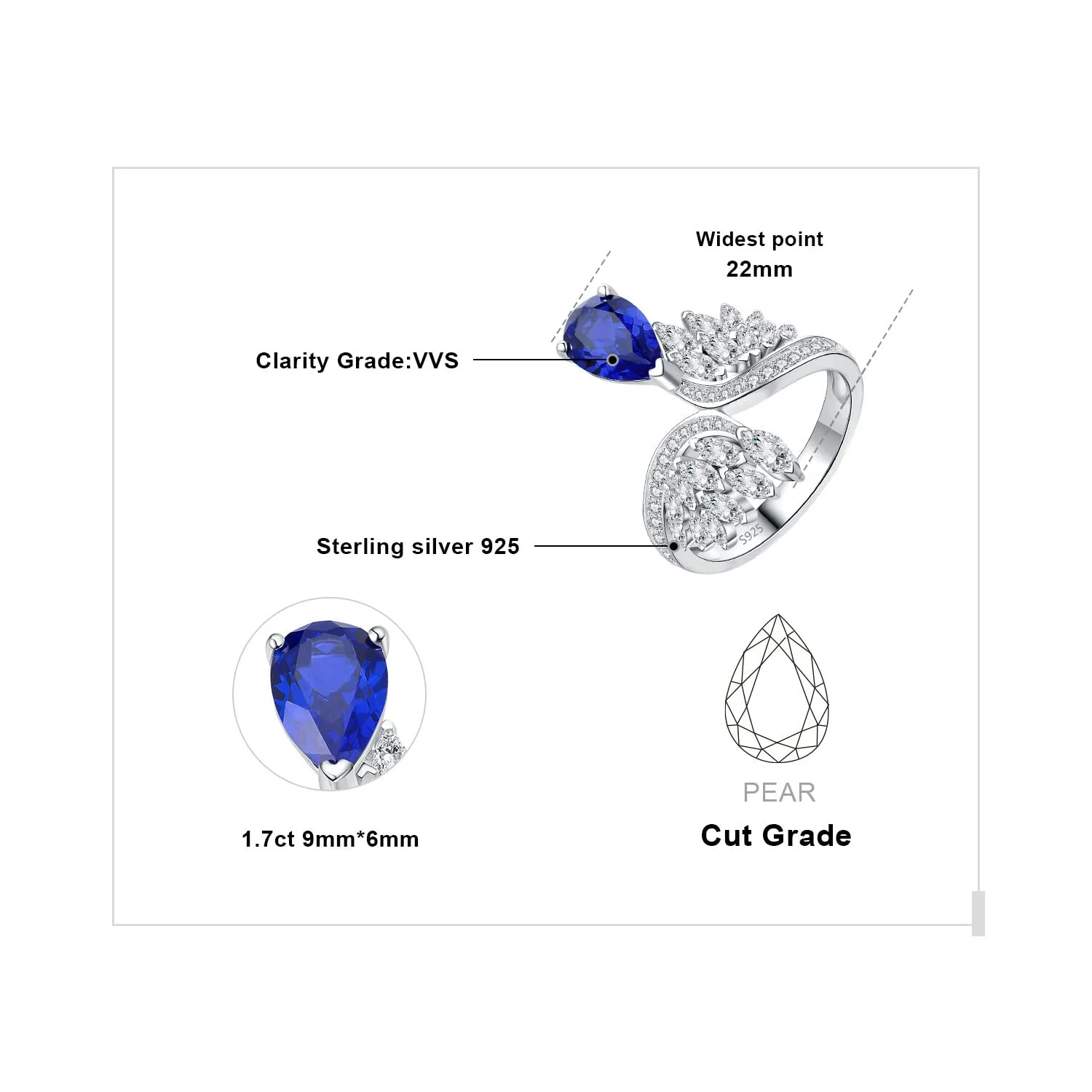 JewelryPalace Solitario 1.77ct Anello Argento Zaffiro Blu Marquise