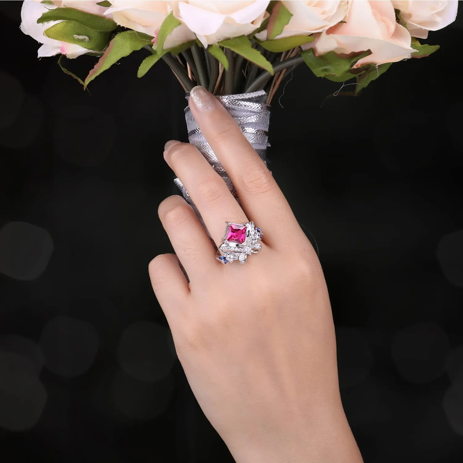 JewelryPalace Farfalla Anello Argento Zaffiro Rosa-Blu 3.1ct