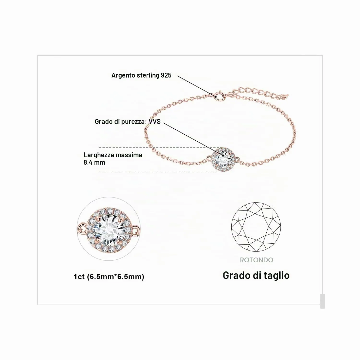 JewelryPalace 1ct Bracciale Halo Moissanite Oro Rosa Rotondo