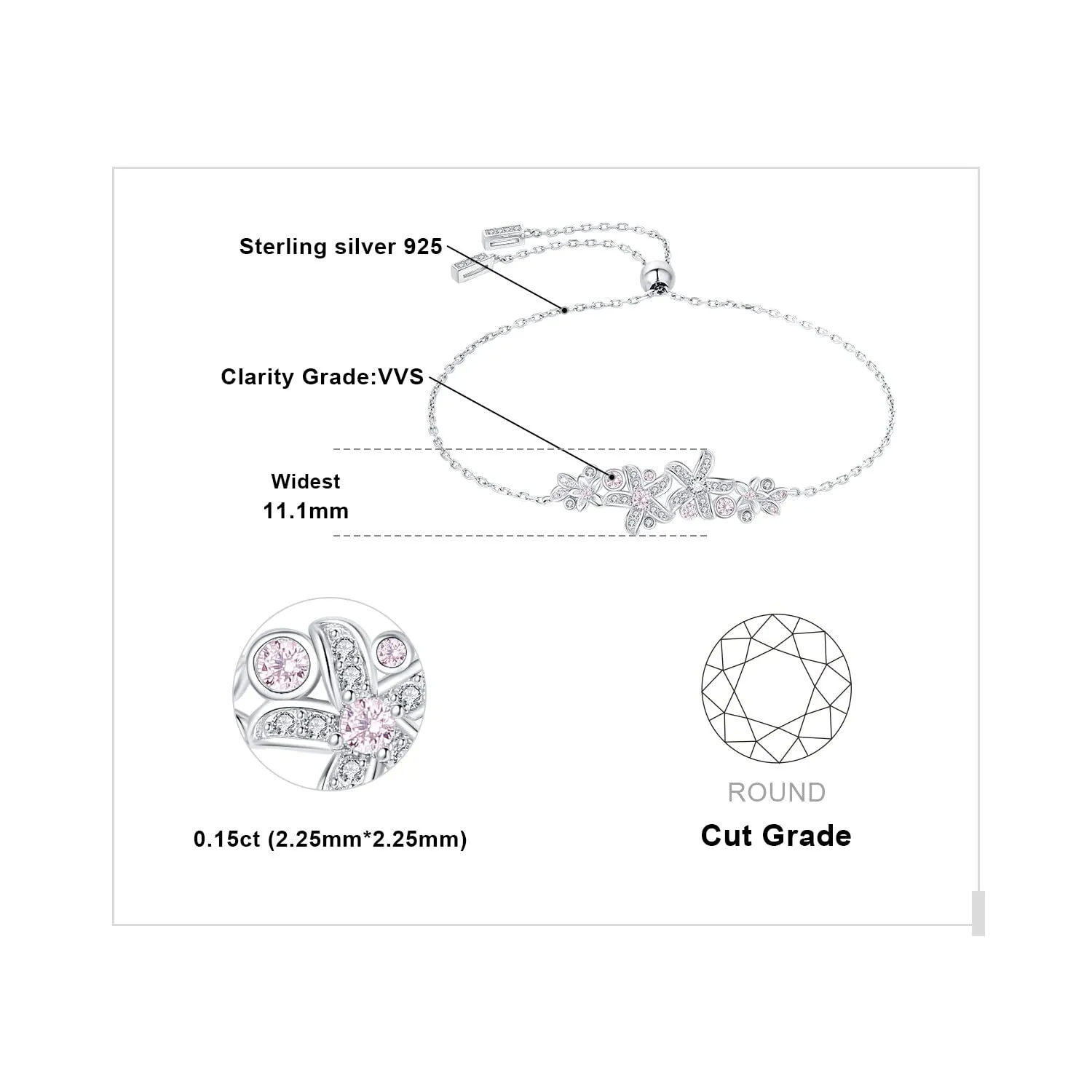 JewelryPalace Fiore Vintage 0.5ct bracciale argento zirconia rosa