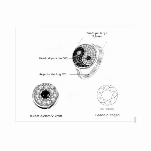 JewelryPalace Yin Yang anello argento spinello nero regolabile