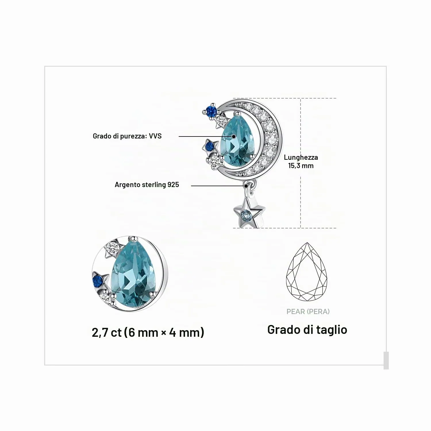 JewelryPalace Luna e Stella 2.2ct orecchini lobo topazio azzurro
