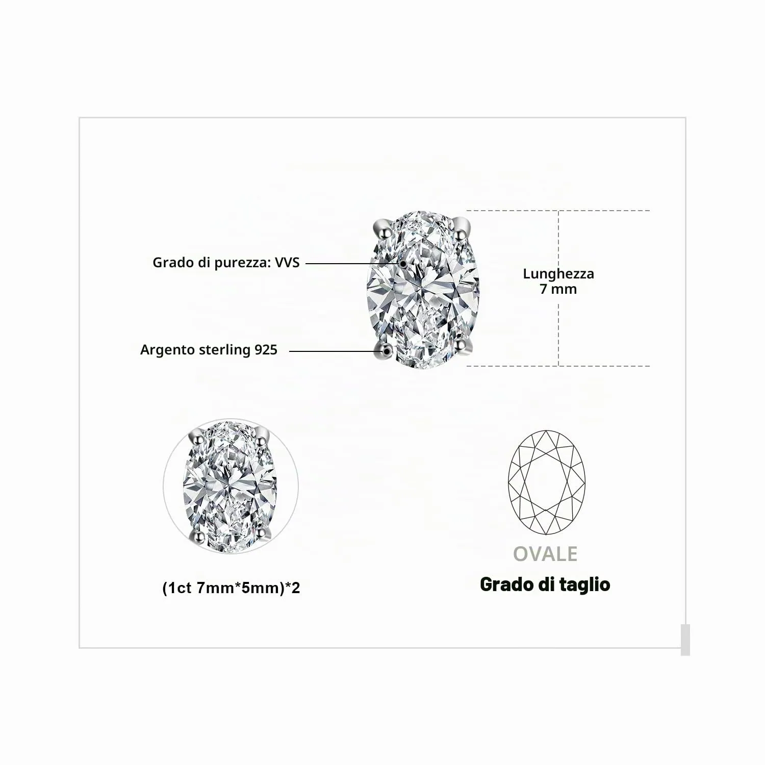 JewelryPalace Moissanite 2ct Orecchini a Bottone Argento 925 Taglio Ovale