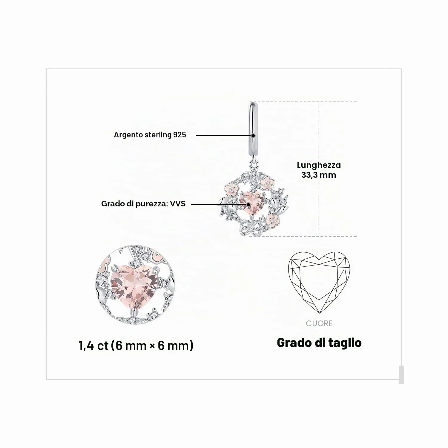JewelryPalace 2.4ct Fiori Cuore orecchini argento rosa