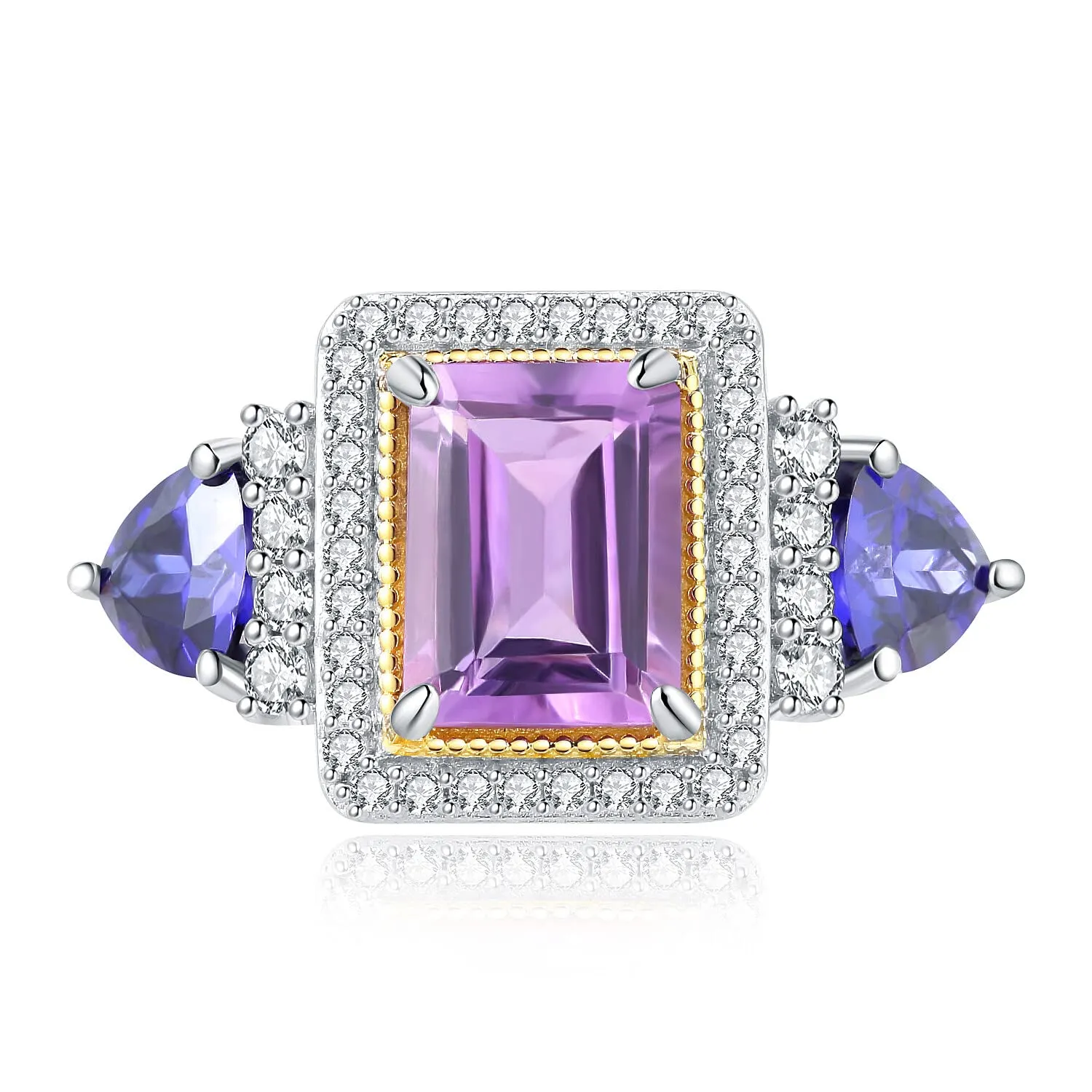 JewelryPalace Halo Anello Argento 925 Ametista Viola Taglio Smeraldo