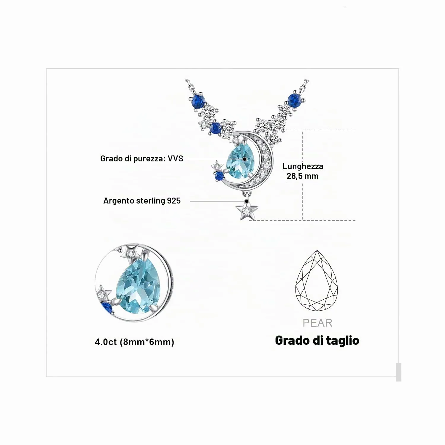 JewelryPalace Luna e Stella collana argento 925 topazio azzurro