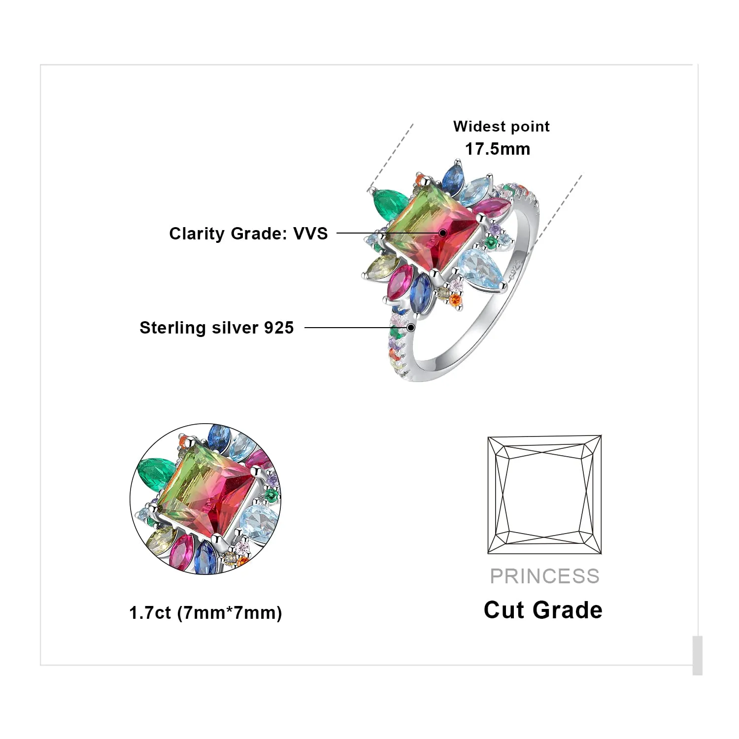 JewelryPalace Fiore Halo Anello Tormalina Quadrato Argento