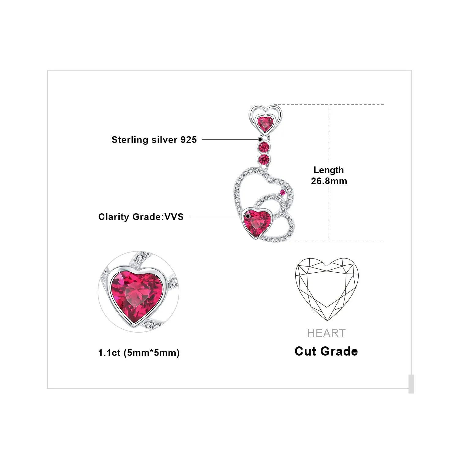 JewelryPalace Cuore orecchini pendenti argento 925 rubino rosso