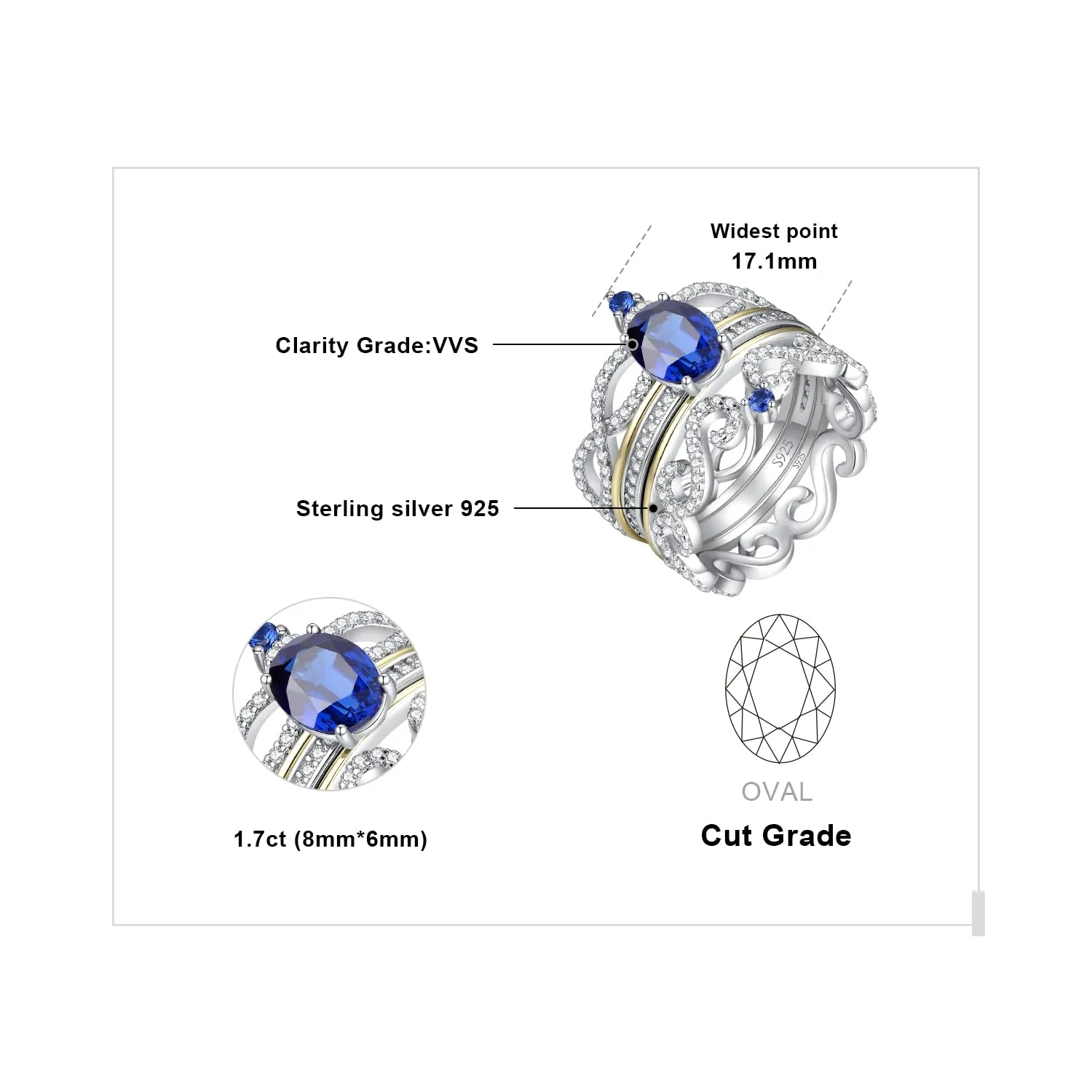 JewelryPalace Corona Ovale anello argento zaffiro blu creato
