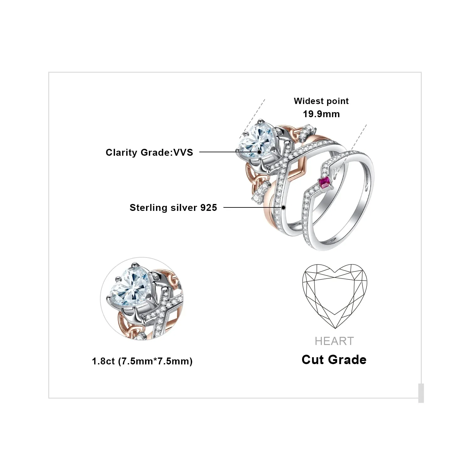 JewelryPalace Cuore Puzzle anello argento oro rosa zirconia