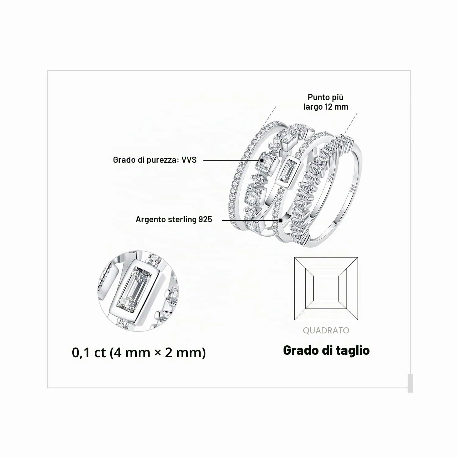 JewelryPalace 1.06ct Zirconia Set 4 Anelli Argento
