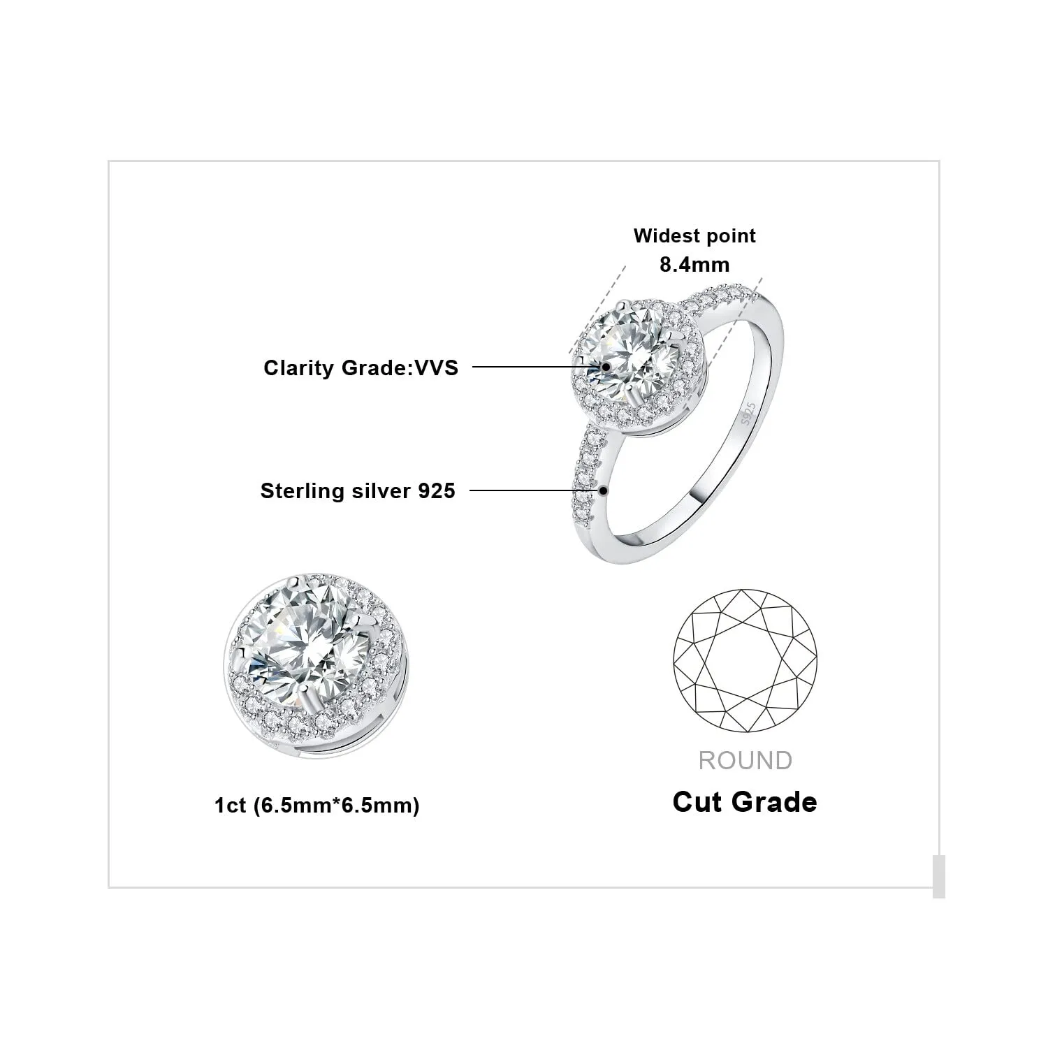 JewelryPalace 1ct Halo anello fidanzamento argento misura 14.5