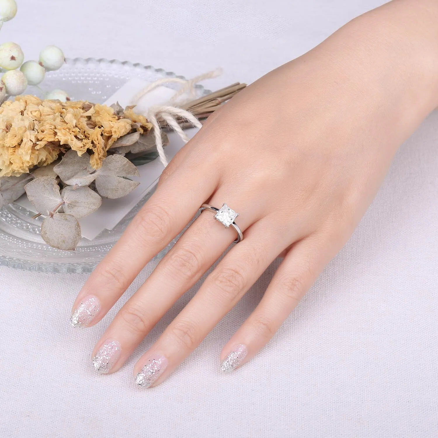 JewelryPalace 1ct Anello Solitario Principessa Moissanite Argento