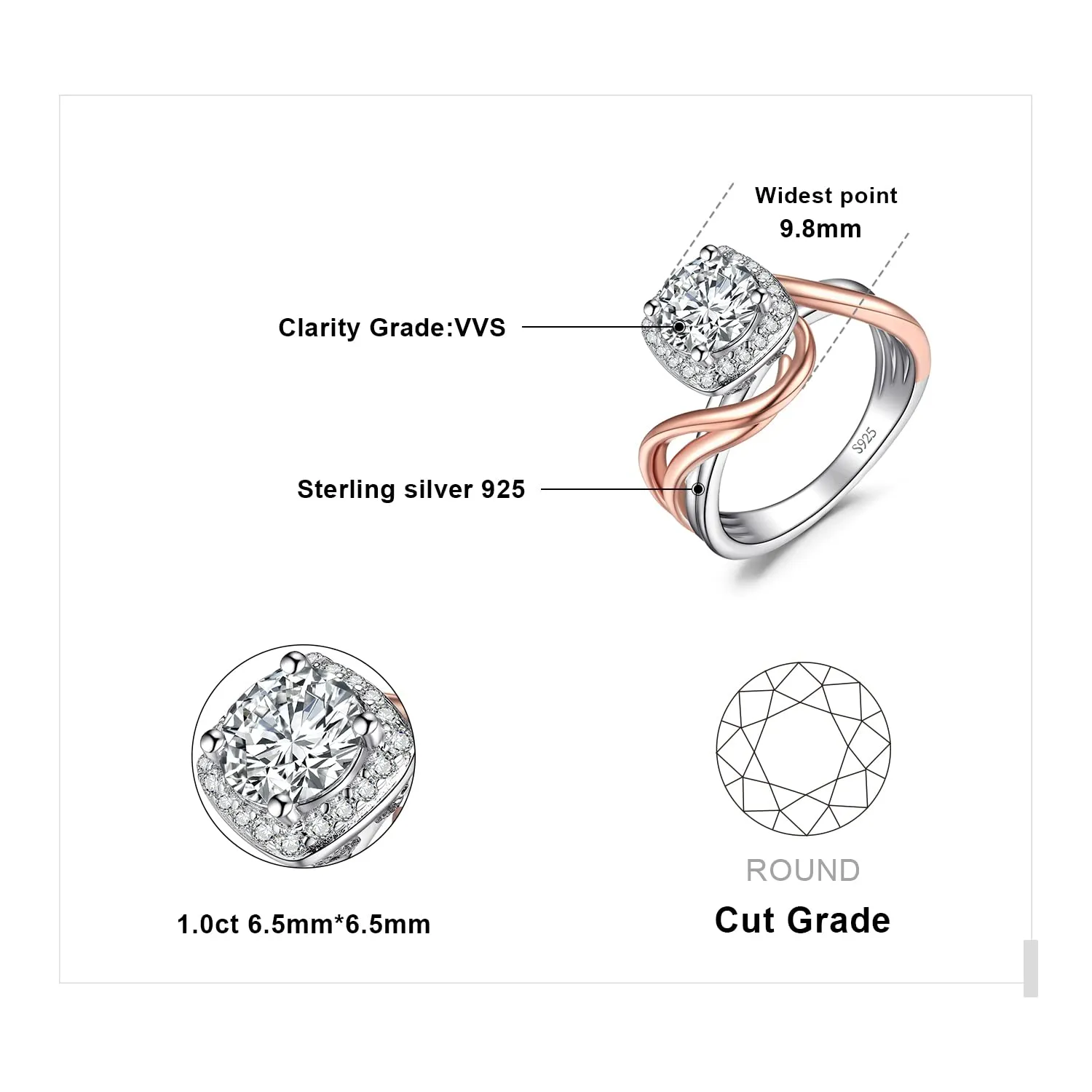 JewelryPalace Anello Infinito Moissanite Argento Oro Rosa