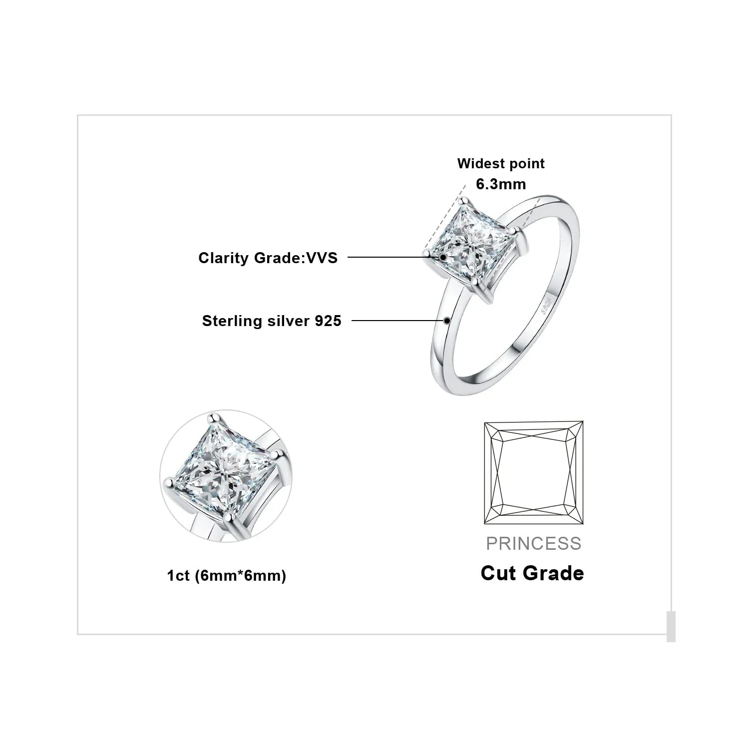 JewelryPalace 1ct Anello Solitario Principessa Moissanite Argento