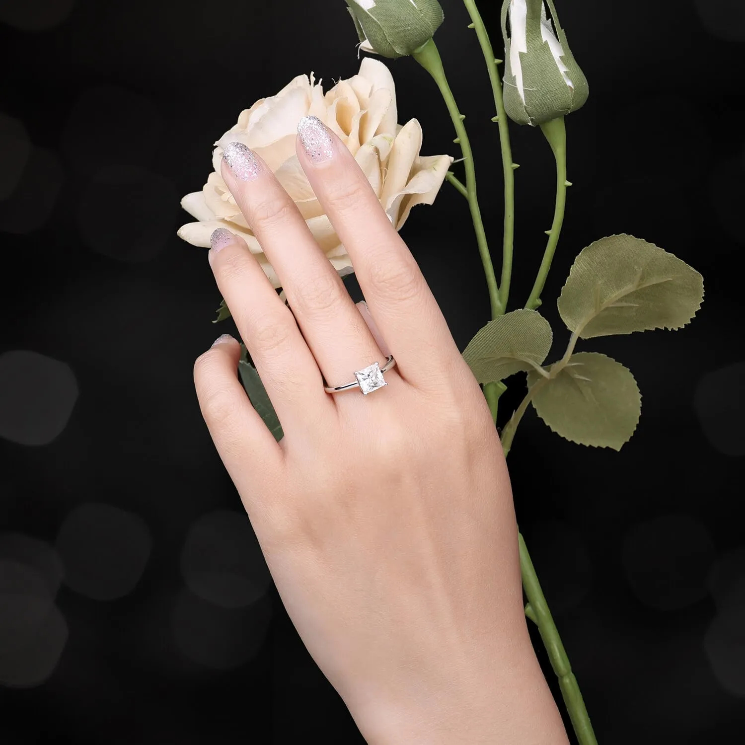 JewelryPalace 1ct Anello Solitario Principessa Moissanite Argento